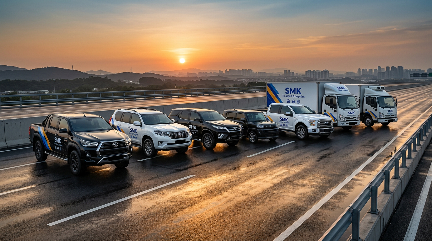 SMK branded fleet: box truck, Toyota Hilux pickup, white pickup and SUVs